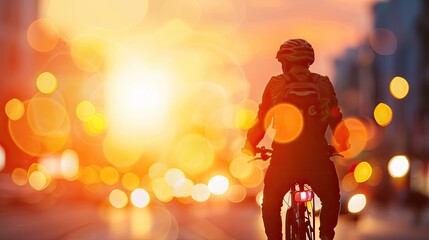 Cyclist Riding Through City Streets at Sunset