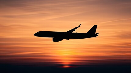 Commercial Jet Airplane Against a Vibrant Orange Sunset