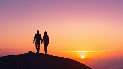 Serene Sunset on Cliff with Silhouetted Couple