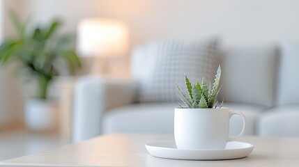 Fototapeta premium White Mug with Green Tea and Cactus on Rectangular Plate Scene