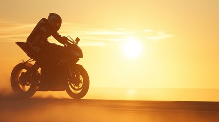Man Riding Black Motorcycle on Asphalt Road at Sunset