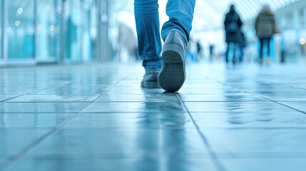 Person Walking in Urban Setting with Blue Tiles