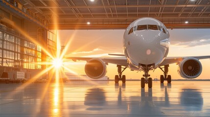 Fototapeta premium Sunset Over White Commercial Airplane at Eco-friendly Airport