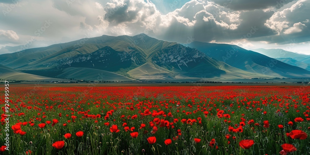 Wall mural Scenic view of the poppy fields and mountain landscape