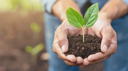 Hands Holding a Lone Green Leaf Plant