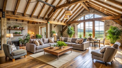 Fototapeta premium RusticChic BarnConversion ExposedWoodenBeams NaturalLighting EarthyTones CozyRuralSetting RelaxingAtmosphere CountrysideRetreat
