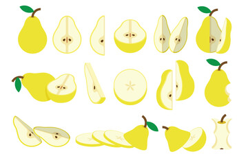 Set of Yellow Pear, Farm fresh Pear, product emblem for grocery shop, Slides, long and cross sections, and different positions, simple flat vector illustration of vegetables and fruits.