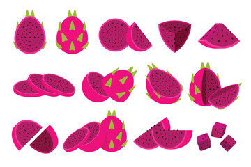 Set of Fleshed Dragon fruit, Farm fresh Dragon fruit product emblem for grocery shop, Slides, long and cross sections, different positions, simple flat vector illustration of vegetables and fruits.