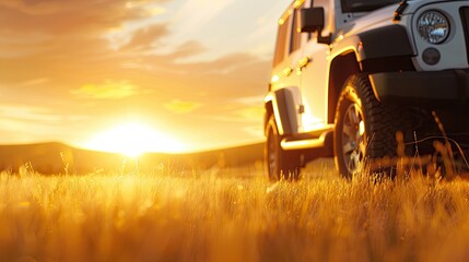 Fototapeta premium Large SUV in a Field during Sunset
