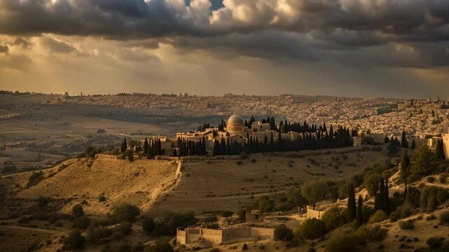 Calvary, the hill situated near the ancient city of Jerusalem, is the location of Jesus Christ's crucifixion. The atmosphere features a somber sky contrasted by striking rays of light