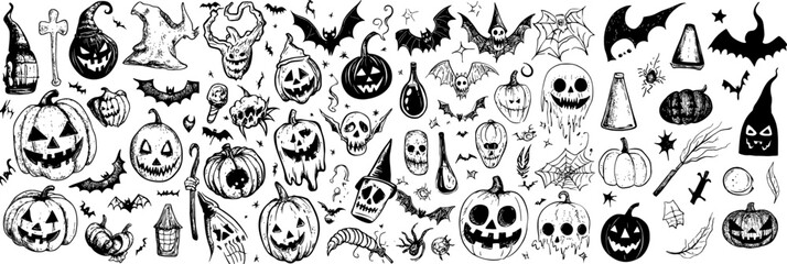 Fototapeta premium Black and white Halloween-themed doodle collection featuring a variety of spooky elements including jack-o'-lanterns, bats, skulls, spiders, and witches' hats. Halloween Doodle