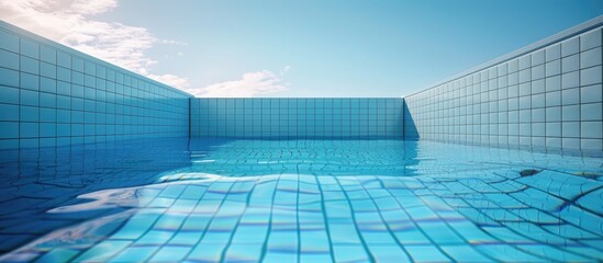The backdrop features a serene blue swimming pool with ample copy space image
