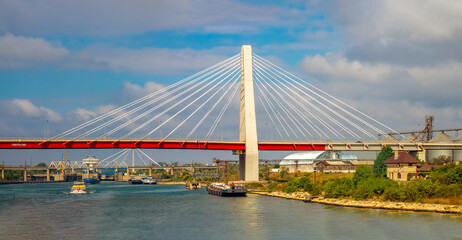 Navigating to the Danube–Black Sea Canal from the port of Constanta on the Black Sea, Romania