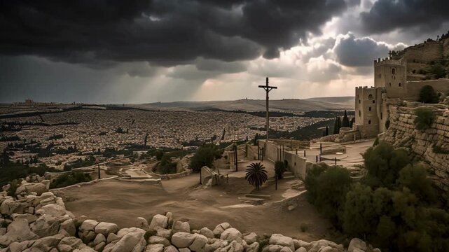 Outside the historic city of Jerusalem lies Calvary hill, the place of Jesus Christ's crucifixion. The backdrop consists of a gloomy sky with shafts of light breaking through