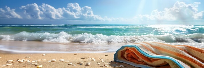 Fototapeta premium A vibrant image showcasing a colorful towel placed on sandy beach, with the calm ocean waves and a bright, clear sky in the background.