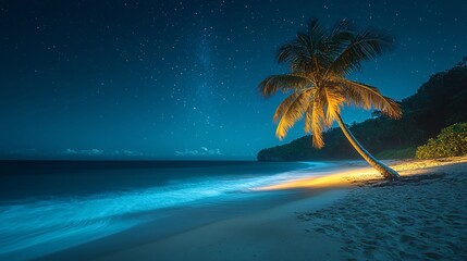 Night Beach Scene: Palm tree and ocean under the starry night sky with a long exposure capturing the calm waves. 