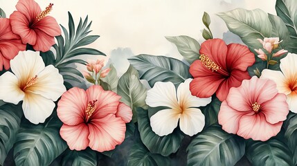 Fototapeta premium A vibrant arrangement of hibiscus flowers in various colors, set against lush green leaves, perfect for tropical themes.