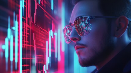 Fototapeta premium Stock trader analyzing volatile market, holographic chart, 3D illustration