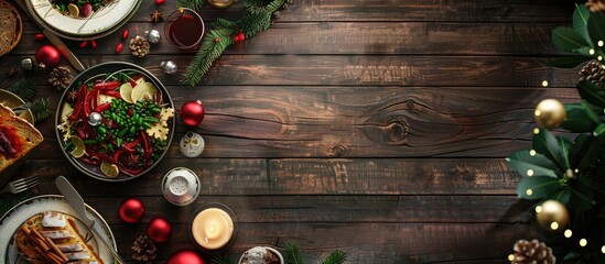 Top view of a festive vegetarian Christmas meal setting ideal for holiday gatherings featuring a table with ample space for adding text or other elements