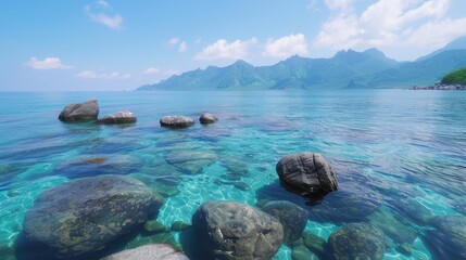 Fototapeta premium Serene Rocky Ocean Shoreline Captured in Vivid Colors