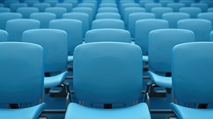 Fototapeta premium Anticipation Fills Empty Stadium With Identical Blue Chairs