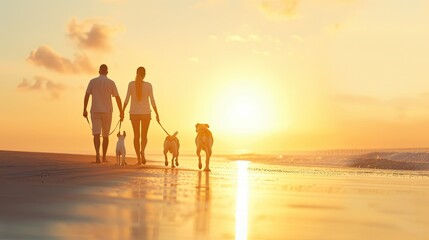 Sunset Stroll on Beach with Friends and Dogs