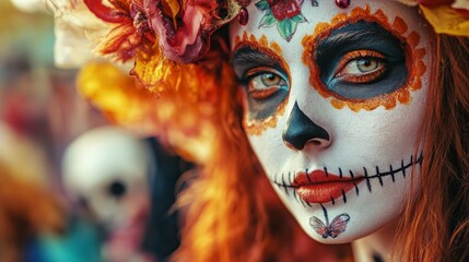 A woman with a sugar skull make up at a festival
