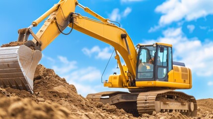 Obraz premium Yellow Bulldozer Operating on Construction Site Under Bright Sky