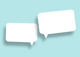 Empty speech balloon shape white paper isolated on light blue background communication bubbles.