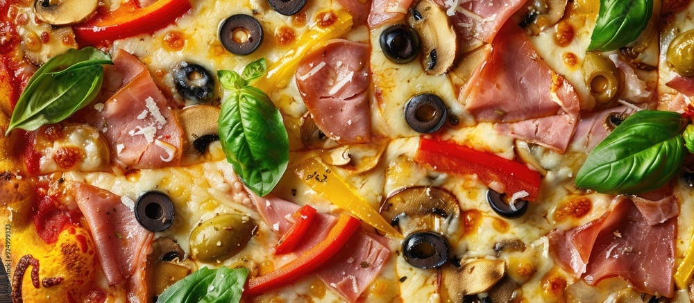 Poster An appetizing pizza with ham mushrooms olives peppers and cheese in a close up copy space image