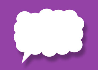 Empty white cloud paper speech bubble shape against purple background.
