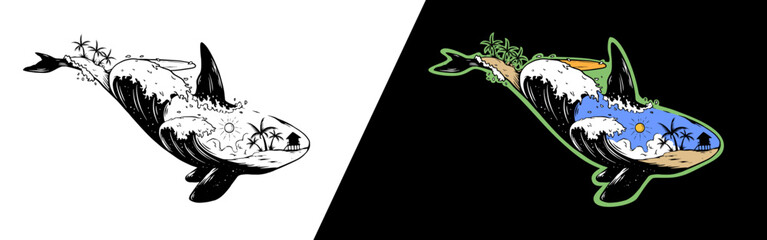 Double exposure orca or killer whale illustration. Wildlife graphic clip art for print, shirt, poster, campaign © nearzoo