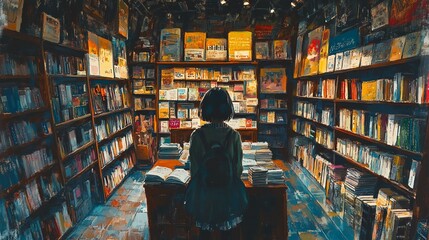 Fototapeta premium Fantasy Anime Postcard: Bookstore Girl, Colorful Illustration of Vibrant Fantasy Character Amid Books
