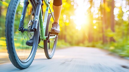 Naklejka premium Vibrant Green Cyclist Enjoying a Sunlit Ride