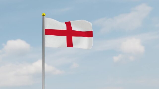 3D realistic animation of the England flag waving gently against a bright sky. The fabric texture is highly detailed. England flying flag. England fluttering flag with cloudy sky background