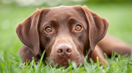 Curious Brown Dog in Grassy Field with Blue Eyes