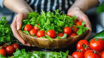 Preparing Fresh Ingredients in a Wooden Bowl