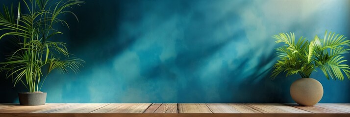 Two potted plants sit on a wooden surface with a calming blue background, evoking a serene and peaceful atmosphere.