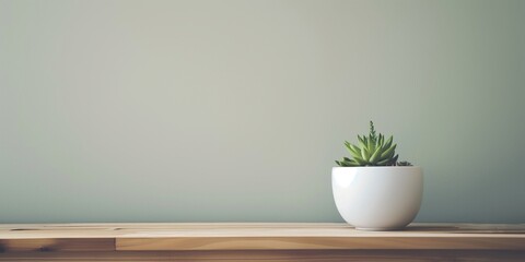 A green succulent plant in a white pot is placed on a light wooden surface against a neutral background for decorative purpose.
