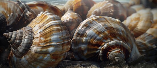 Marine mollusks like snails clams and oysters create shells as protection for their soft organs with a focus on depicting this process in a copy space image