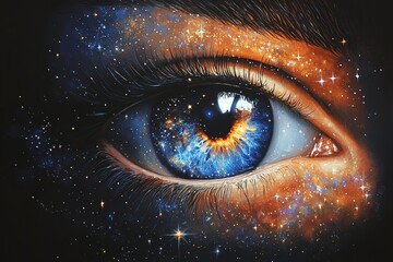 Abstract cosmic explosion of blue light expanding in space, female eye.