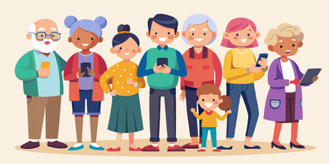 Aged people. Seniors together, with grandchildren and children, an elderly man and woman use phones and communicate. Grandparents in full growth
