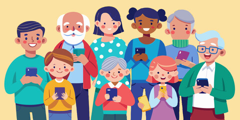 Aged people. Seniors together, with grandchildren and children, an elderly man and woman use phones and communicate. Grandparents in full growth
