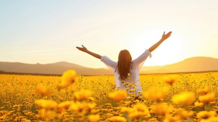 Woman Admiring Yellow Flowers at Sunset