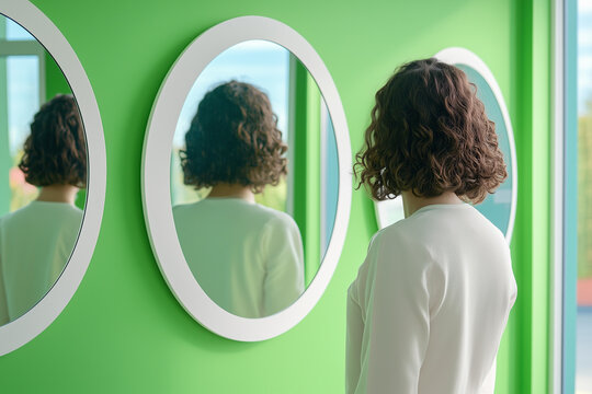 Illustration of a person surrounded by mirrors, each reflecting different aspects of self-awareness