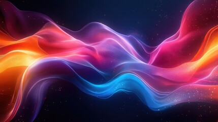 Obraz premium Abstract Colorful Wavy Lines with Glittering Particles on a Dark Background