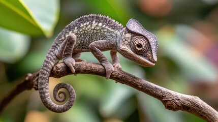 A baby chameleon on a twig, with its eyes wide open and tail curled, capturing the innocence and curiosity of young reptiles.