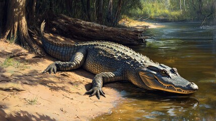 A basking alligator on a sunny riverbank, with its scales glistening and tail partially submerged in water.
