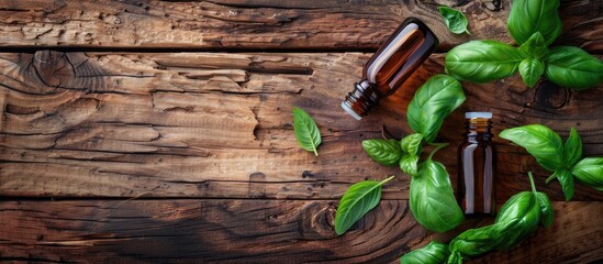 Basil essential oil with fresh leaves on a textured wooden backdrop ideal for aromatherapy and alternative medicine concepts featuring a place for text in the copy space image