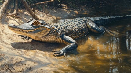 Fototapeta premium A basking alligator on a sunny riverbank, with its scales glistening and tail partially submerged in water.